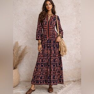 VINTAGE AANANDA | Indian Folk Print Cotton Maxi Dress | Small